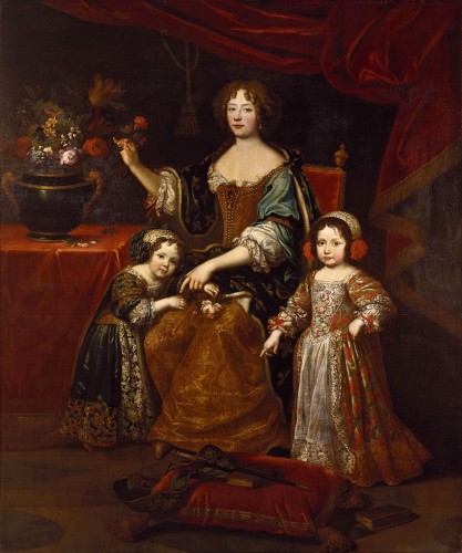Elisabeth Charlotte of the Palatinate displayed with her two children Élisabeth Charlotte d'Orléans, (future Duchess of Lorraine) and Philippe d'Orléans, (future Regent and Duke of Orléans) by Pierre Mignard