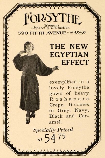  Forsythe Apparel Clothing advertisement featuring Egyptianism & Rohsanara Crepe, 1923
