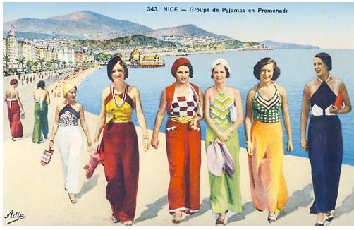 Beach pyjamas on the Cote D'Azure, colourized postcard, 1930s