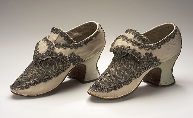 Pair of Woman’s Shoes, circa 1700-1715, Silver lace, metal sequins, silk satin, leather, LACMA