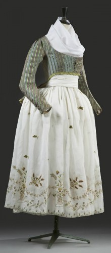 “Macaroni” jacket and embroidered skirt, late 18th century, KCI
