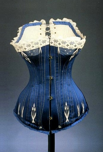 Corset in blue silk, circa 1890