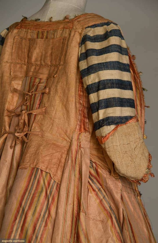 Interior of a 1765-1775 sacque-back gown - the lower sleeves are lined in brown linen, sold at Augusta Auctions