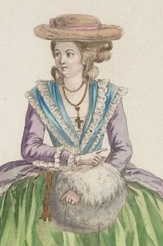 Robe de matin à l'Anglaise avec des manches en amadis jupon coupé à grand volant de mousseline fichu à double garniture Cette femme est coëffée d'un chapeau de Vegogne a long poil avec un ruban au tour, Gallerie des Modes, 1782, MFA Boston