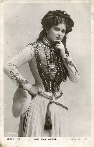 Actress Jean Aylwin in military inspired costume, possibly for 'The Girls of Gottenburg" ca 1907