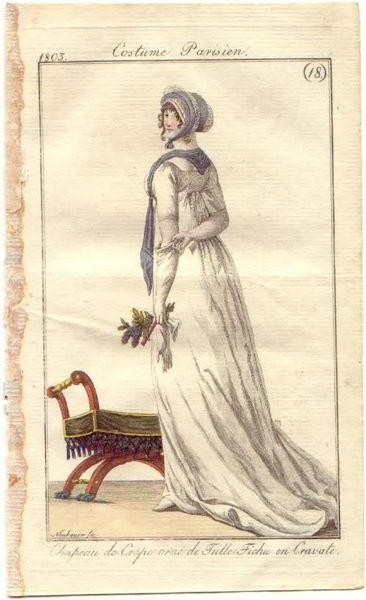 Day dress worn with crepe hat and tulle fichu, French, 1803.
