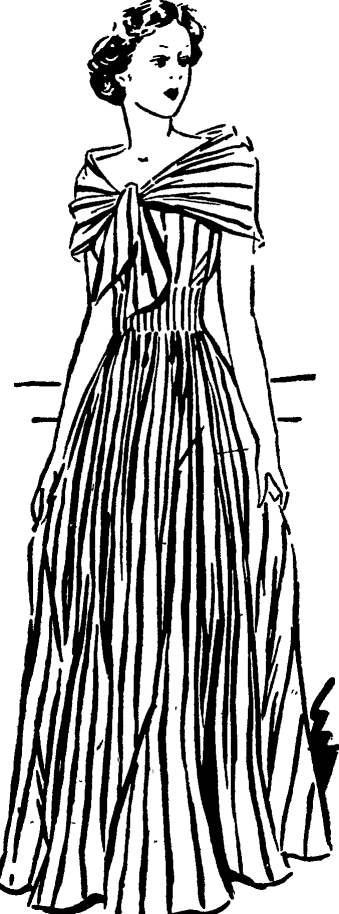 This evening dress comes from a very important dress making establishment and goes by the name of Charlotte Corday. Made up in white mousseline de soie with a red stripe, completed with a fichu of the 1790s Auckland Star, 11 January 1936