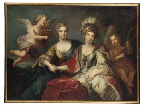 Follower of Michel van Loo, Painting of Marie Leszczyńska, Queen of France and her daughter in law Maria Josepha of Saxony, Dauphine of France, c. 1765