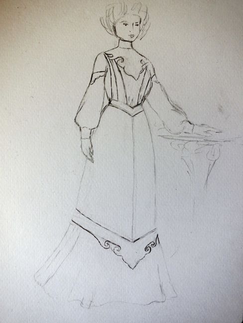 Design sketch for a 1903 chinoiserie inspired promenade dress