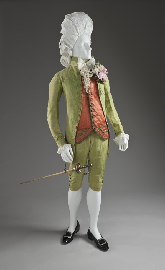 Man's Three-piece Suit Italy, probably Venice, circa 1785-1790, silk, shown with coral waistcoat, LACMA