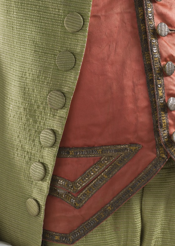 Man's Three-piece Suit (detail of suit worn with coral vest) Italy, probably Venice, circa 1785-1790, LACMA