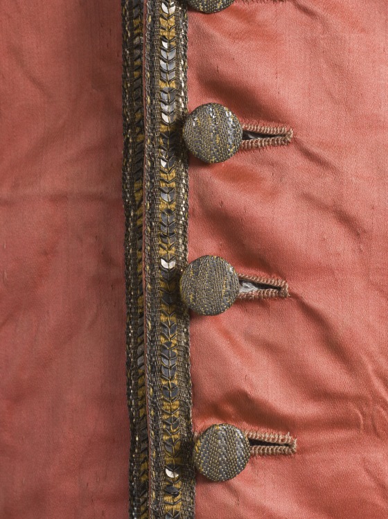 Man's Three-piece Suit (detail of suit worn with coral vest) Italy, probably Venice, circa 1785-1790, LACMA