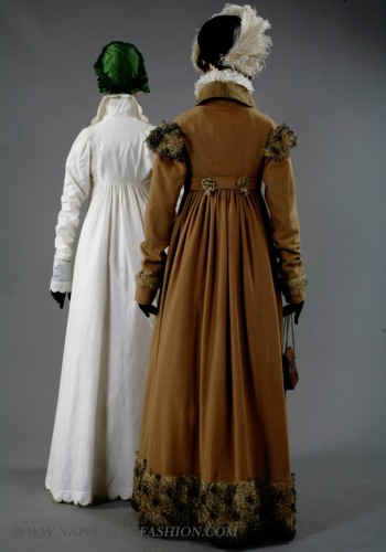 Redingote of camel wool, with collar, buttons and piping of silk organza, and pluche de soie (silk feather) trim, circa 1808, Lancaster-Barreto collection