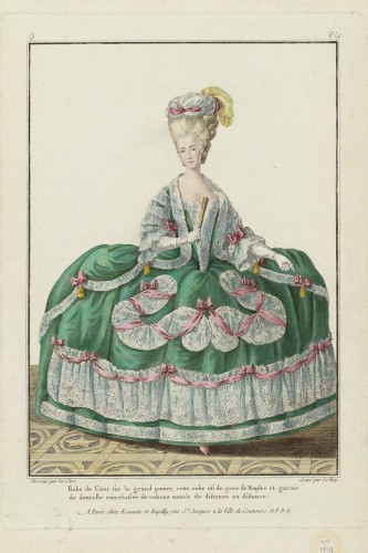 Robe de Cour sur le grand panier, cette robe est de gros de Naples et garnie de dentelle entrelassée de rubans noués de distance en distance, Gallerie des Modes, 1778; MFA 44.1354