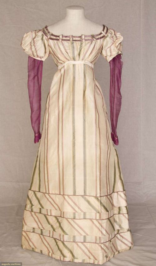 Evening gown of striped silk taffeta with wool sleeves, English, early 1820s, Augusta Auctions