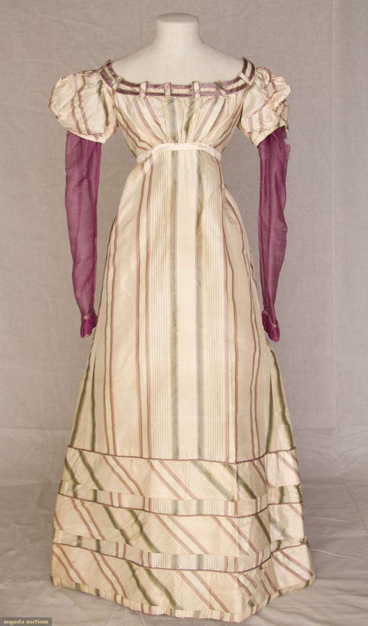 Evening gown of striped silk taffeta with wool sleeves, early 1820s, Augusta Auctions