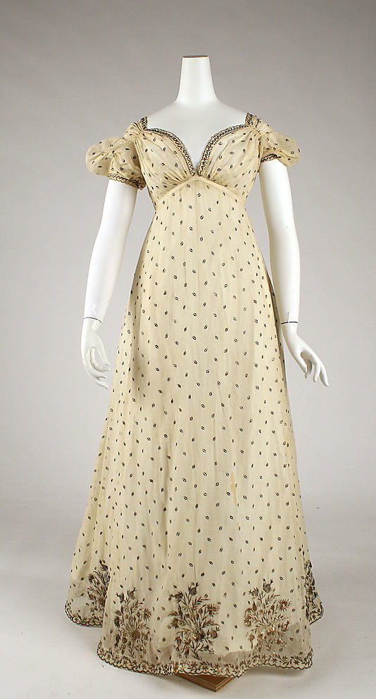 Evening dress, ca. 1810, French, cotton, metallic thread, Metropolitan Museum of Art, 1976.137.1