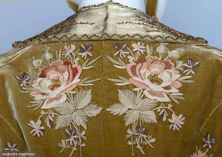 Evening ensemble with matching bonnet, French, c. 1890 silk velvet tambour embroidered in rose blossom pattern, gold beadwork on cloth of gold collar & bodice appliques, stamped 'A. Felix Brevete 15 Faub. St. Honore Paris', Augusta Auctions