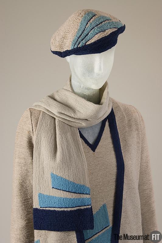 Sportswear ensemble of blue, grey and turquoise wool knit and navy wool crepe, c. 1927, France, Museum at FIT, 2009.15.7