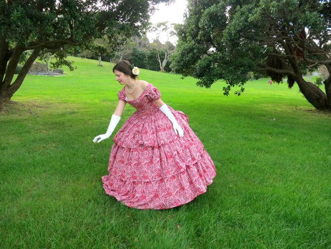 1850s raspberry swirl ball dress thedreamstress.com
