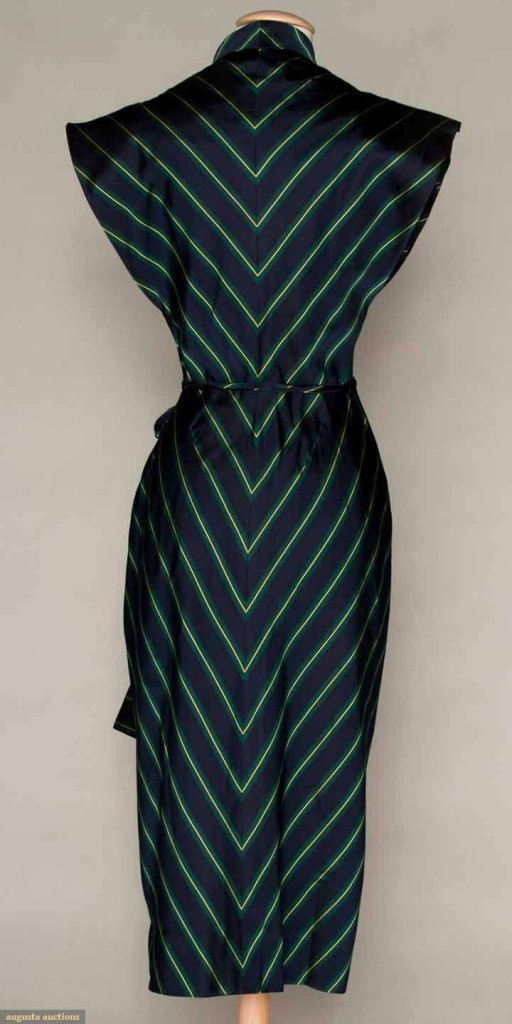 Dinner dress of ribbed navy, green & yellow striped silk, Patullo-Jo Copeland, 1940s, sold by Augusta Auctions
