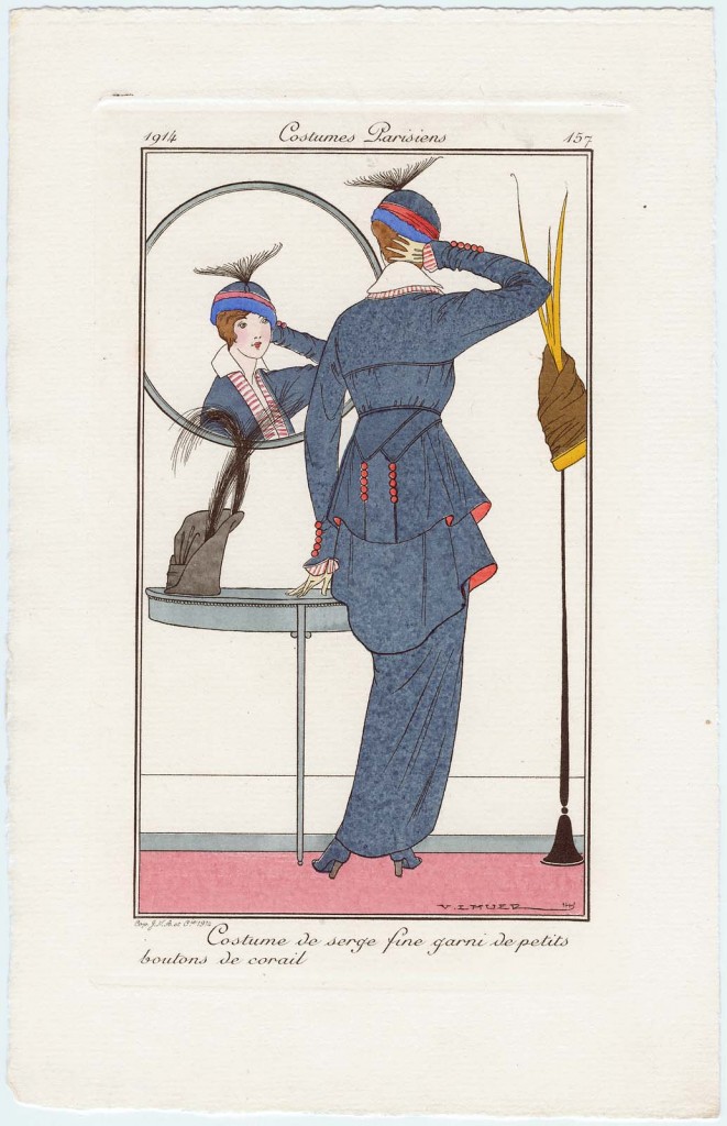 Costume de serge fine garni de petits boutons de corail, plate 157 from Journal des Dames et des Modes, 1914