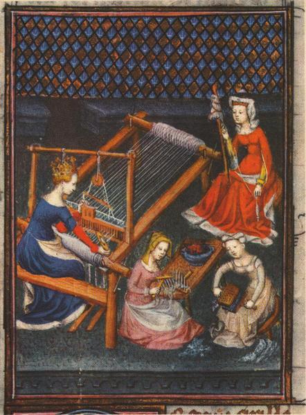 Giovanni Boccaccio, De mulieribus claris (On Famous Women), 1374, illustration showing women spinning, carding, and weaving wool