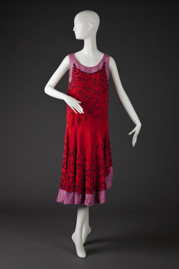 Dress in tomato red & lavender silk satin, ca. 1925-26, S & J. B., Paris & New York, Goldstein Museum of Design, Univ. of Minnesota, 1993.027.023