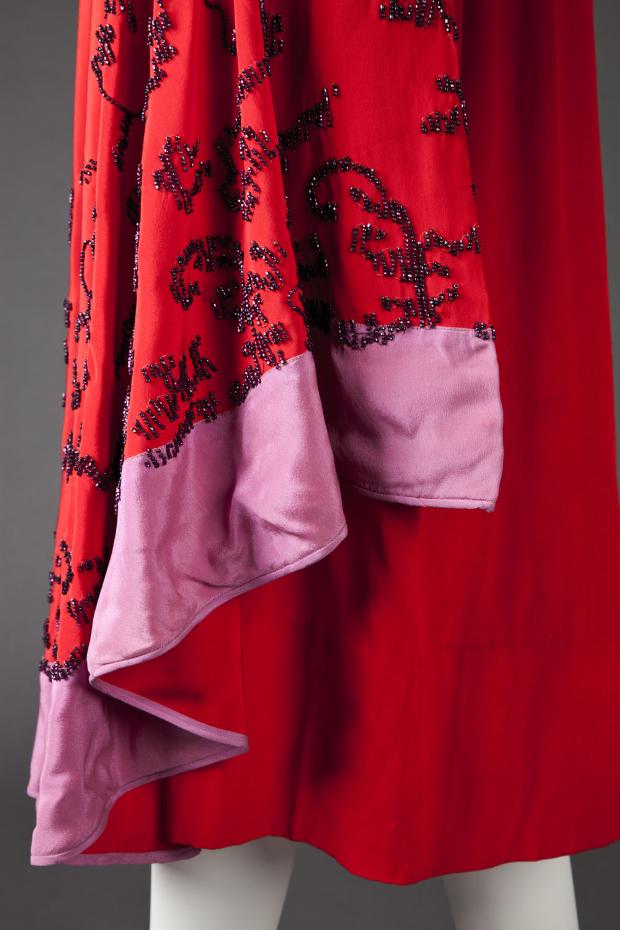 Dress in tomato red & lavender silk satin, ca. 1925-26, S & J. B., Paris & New York, Goldstein Museum of Design, Univ. of Minnesota, 1993.027.023