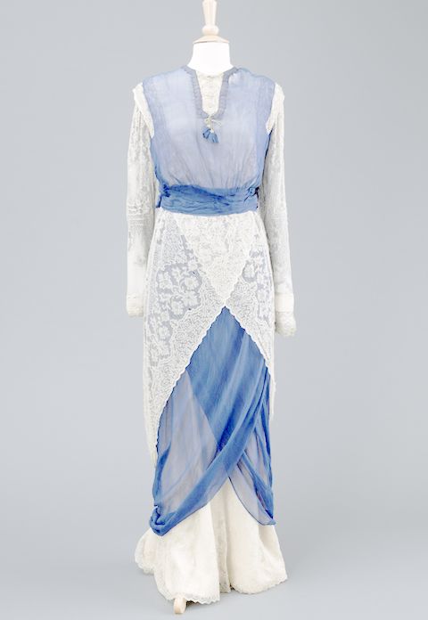Blue chiffon and cream lace hobble dress, c. 1912,  Hull Museums Collection: Wilberforce House Museum - Georgian Houses, KINCM-1976.8