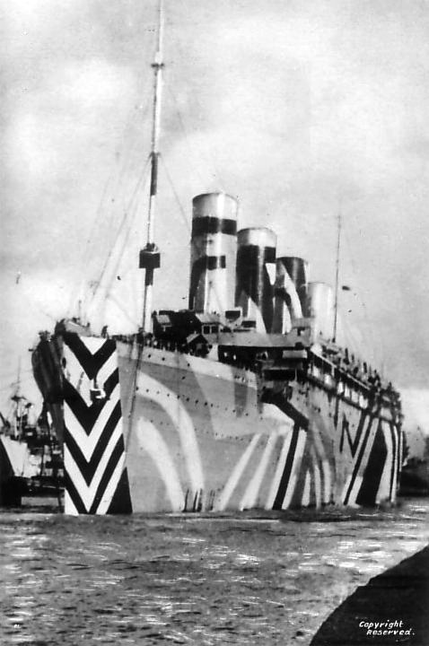 RMS Olympic (sister ship of the RMS Titanic) in dazzle camouflage while in service as a troopship during the Great War.