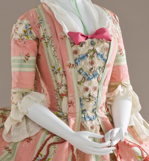 Dress and Petticoat (Robe a la Polonaise) (detail of sleeves and stomacher) Spain; Textile- France, circa 1775, Silk, LACMA M.2007.211.720a-b