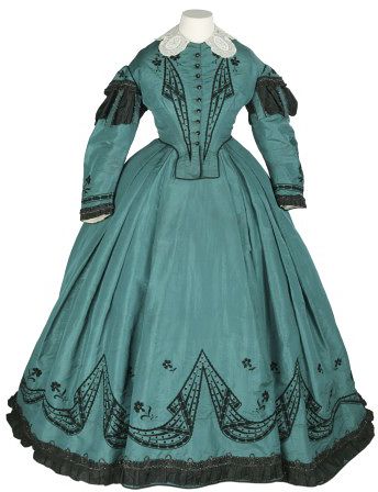 Dress, France, ca. 1865, Hand embroidered silk, taffeta, lace, steel beads and steel bead braid, Victoria & Albert Museum, T.433&A-1976 
