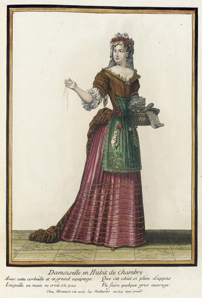 Recueil des modes de la cour de France, 'Damoiselle en Habit de Chambre' Henri Bonnart (France, 1642-1711), France, Paris, 1678-1680, Hand-colored engraving on paper, LACMA M.2002.57.85