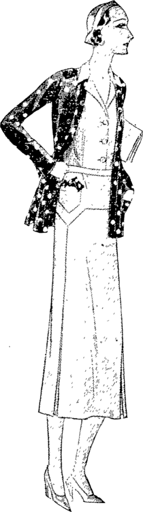 FLORIN DOTS of turquoise on black crepe de chine for the cardigan, and a frock of turquoise Macclesfield silk. Auckland Star, 7 August 1931