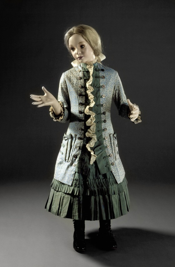 Girl's Two-piece Dress, England, circa 1885, Silk brocade, silk satin, shell buttons, lace, LACMA, Gift of Helen Larson AC1999.46.32.1-.2