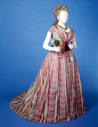 Evening dress, Mmes Kerteux Soeurs, 1871. Striped silk, trimmed with butterfly motif lace.  © Museum of London.
