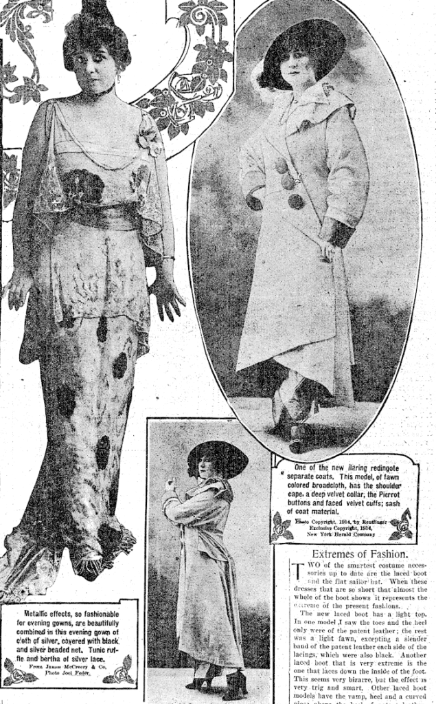 The Sun, 29 May 1915. Metallic effects, so fashionable for evening gowns, are beautifully combined in this evening gown of cloth of silver covered with with black, and silver beaded net. Tunic ruffle and bertha of silver lace.