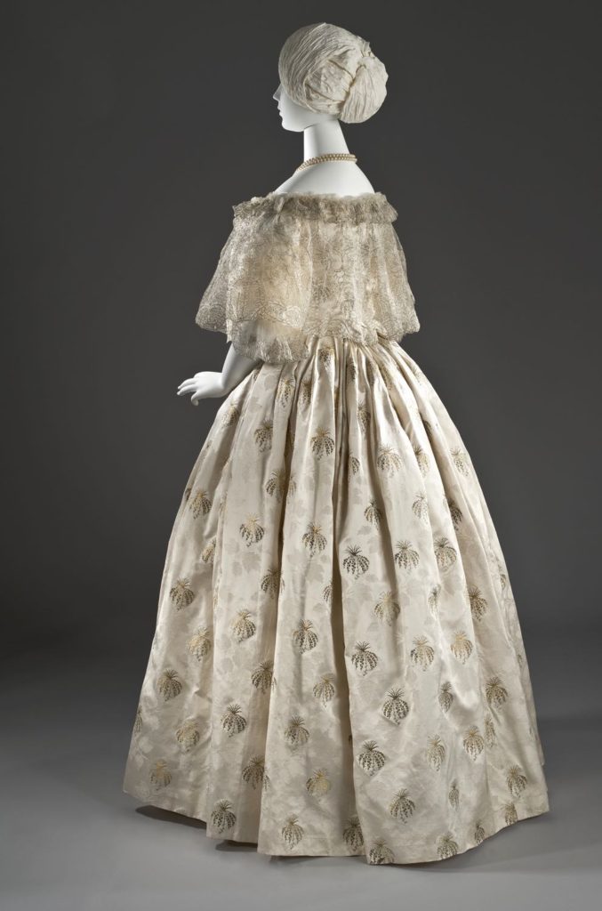 Evening dress, ca. 1850, Silk satin with silk and metallic-thread supplementary patterning and silk net with metallic-thread embroidery, Los Angeles County Museum of Art, M.2007.211.872a-b