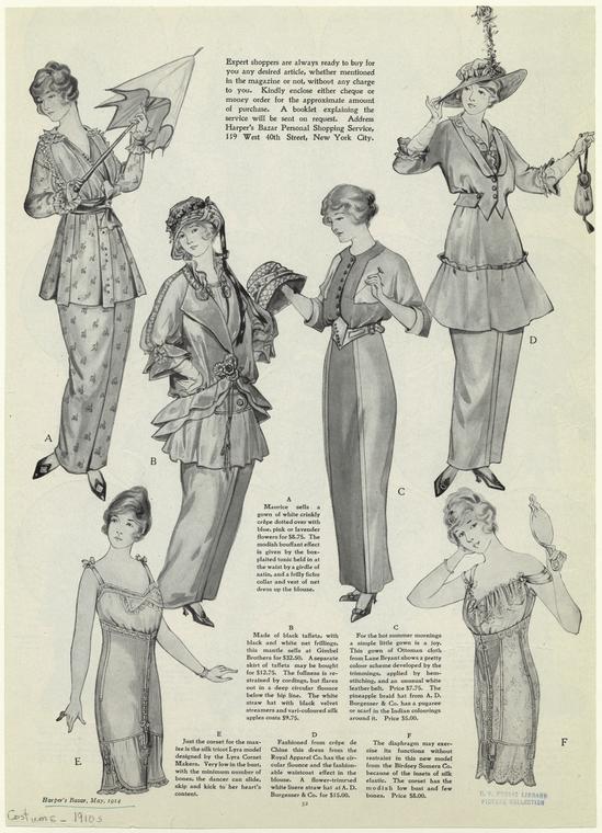 Dresses, Hats, And Corsets For Women, Harpers Bazaar, May 1914, via NYPL Digital Collections