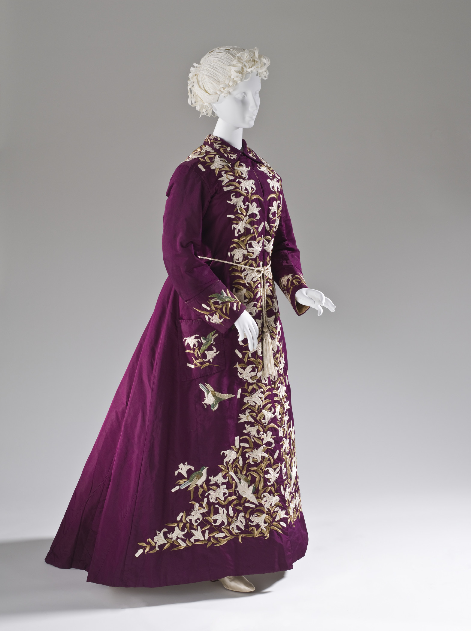 Woman’s Dressing Gown with Belt, Japan, Yokohama, for the Western market, circa 1885, silk plain weave (faille) with silk embroidery; belt: silk braided cord with tassels Belt, LACMA, M.2007.211.784a-b