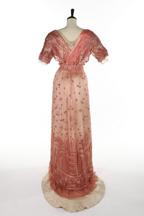 A G & E Spitzer of Vienna embroidered pink chiffon and ivory satin gown with day and evening bodices, circa 1910 Sold by Kerry Taylor Auctions