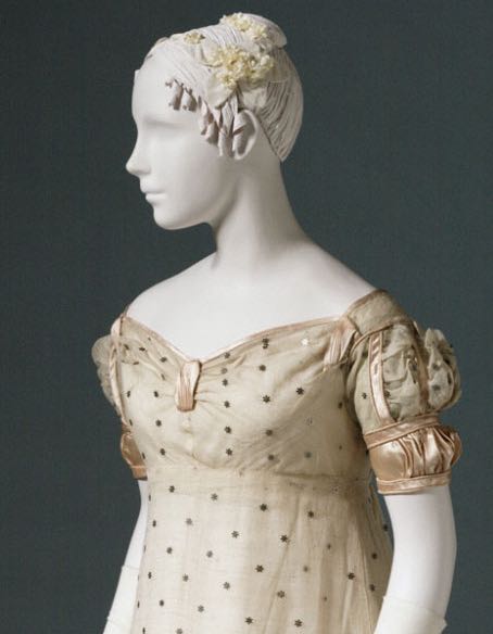 Evening Dress, French,  c. 1817, silk and wool gauze with silk satin, iron floral pailettes, silk embroidery, silk-wrapped paper, cording of silk around metal core, and glass beads, Philadelphia Museum of Art, 1958-74-1