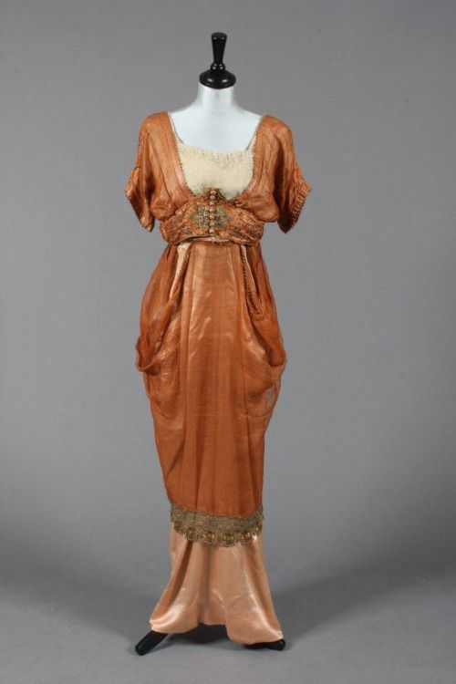 Madame Ernest Ltd cinammon gauze silk and satin evening gown, circa 1910, sold by Kerry Taylor Auctions