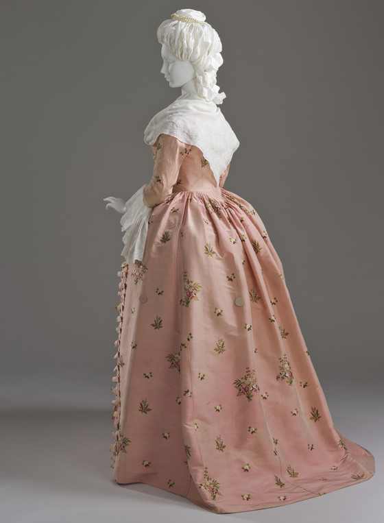 Woman's Dress and Petticoat, England, 1770-1780, Silk plain weave (taffeta) with discontinuous silk supplemetary weft patterning, M.57.24.8a-b