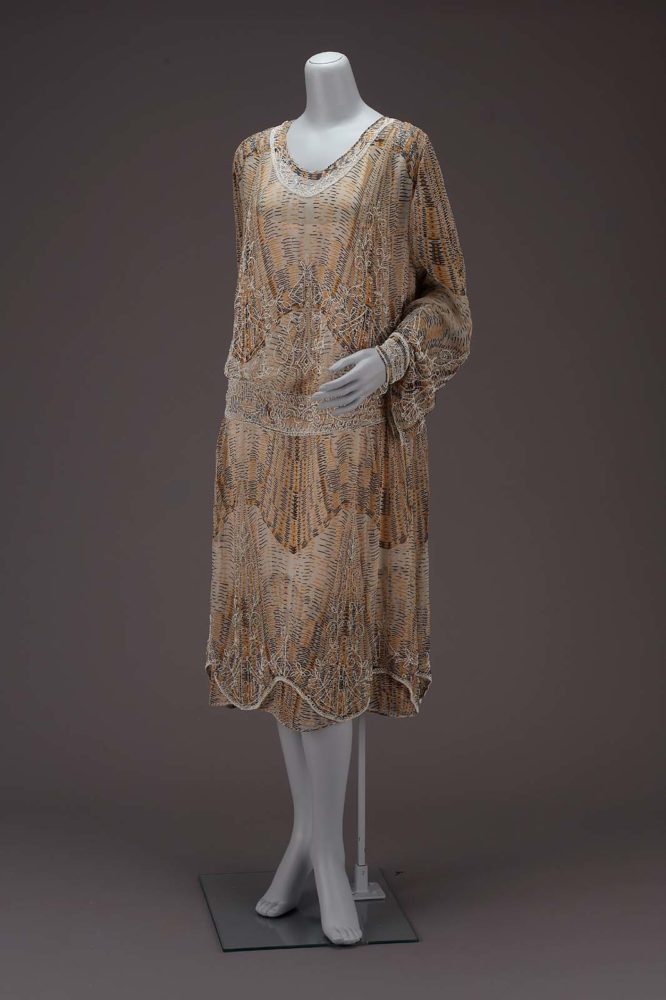 Dress, American About 1926, Silk plain weave (chiffon), printed and embroidered with glass beads, Museum of Fine Arts, Boston, 52.236