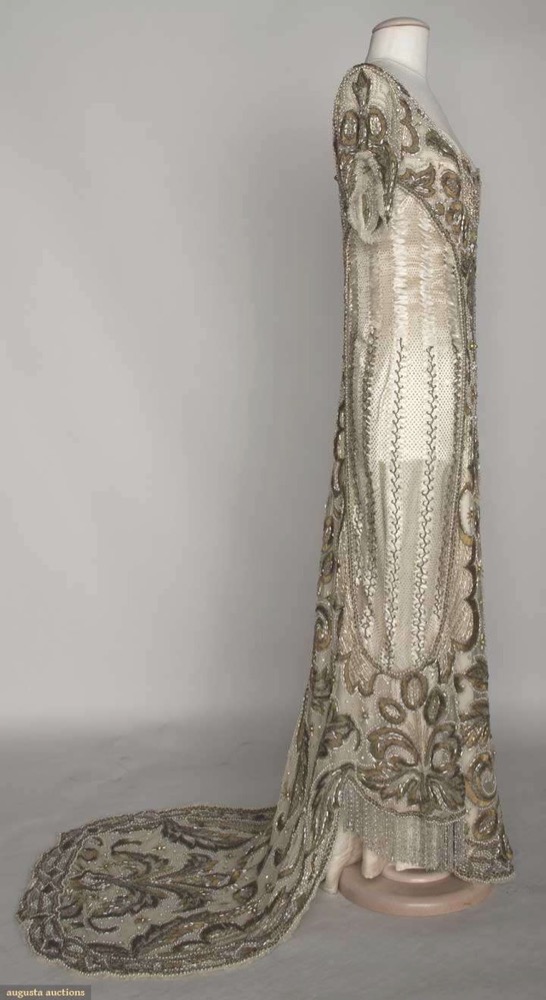Gold beaded ball gown, c. 1908, Lot- 307 Nov 13, 2013 - NYC, embroidery & beading w: ribbon, bronze thread, gold beads, silver bugle beads, rhinestones, pearls & silk ribbon, Augusta Auctions