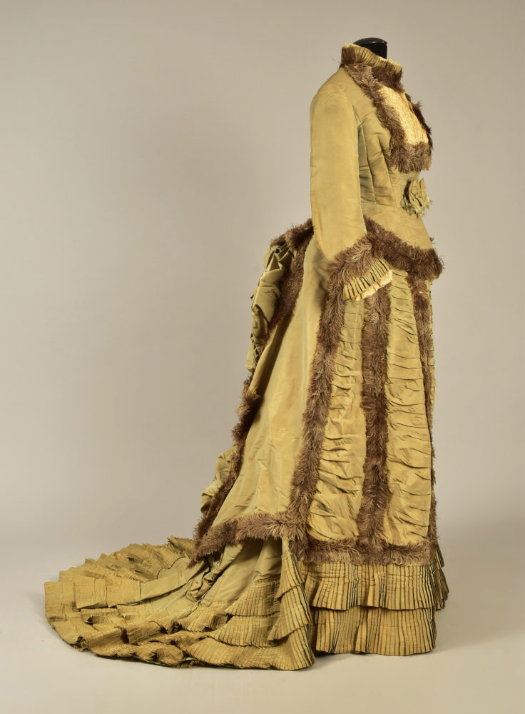 Two piece reception or day dress said to have been worn by Empress Eugenie, silk taffeta and faille with ostrich feathers, 1876, Helen Larson Collection, sold by Whittaker Auctions