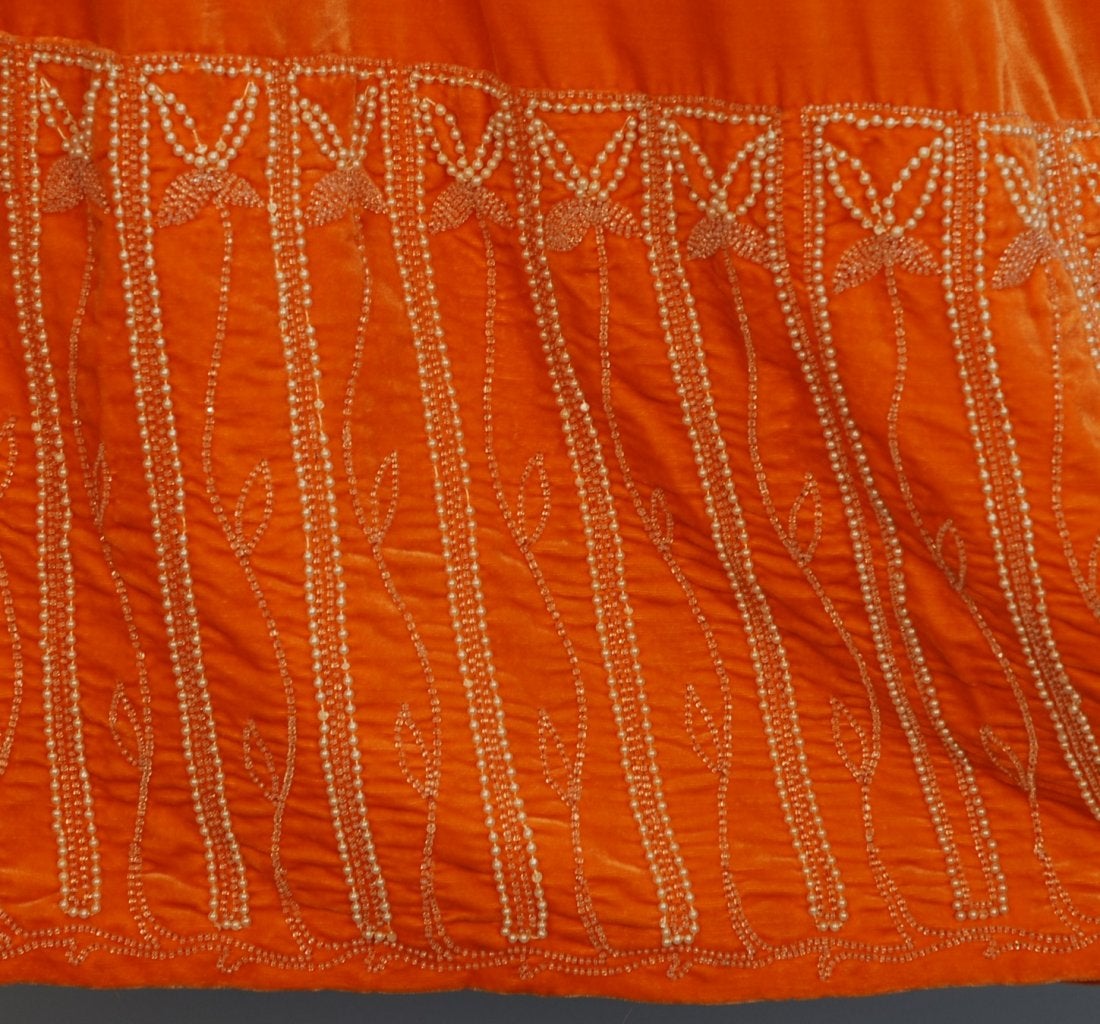 Robe de Style, Sadie Nemser, 1920's. Tangerine silk velvet, beaded hem, Whitaker Auctions