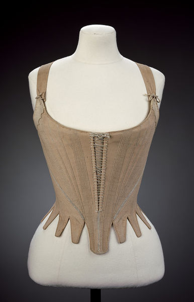 Stays, Great Britain, 1780-1789, Linen, hand sewn with linen thread, applied ribbon, chamois and whalebone, VAM T.172-1914